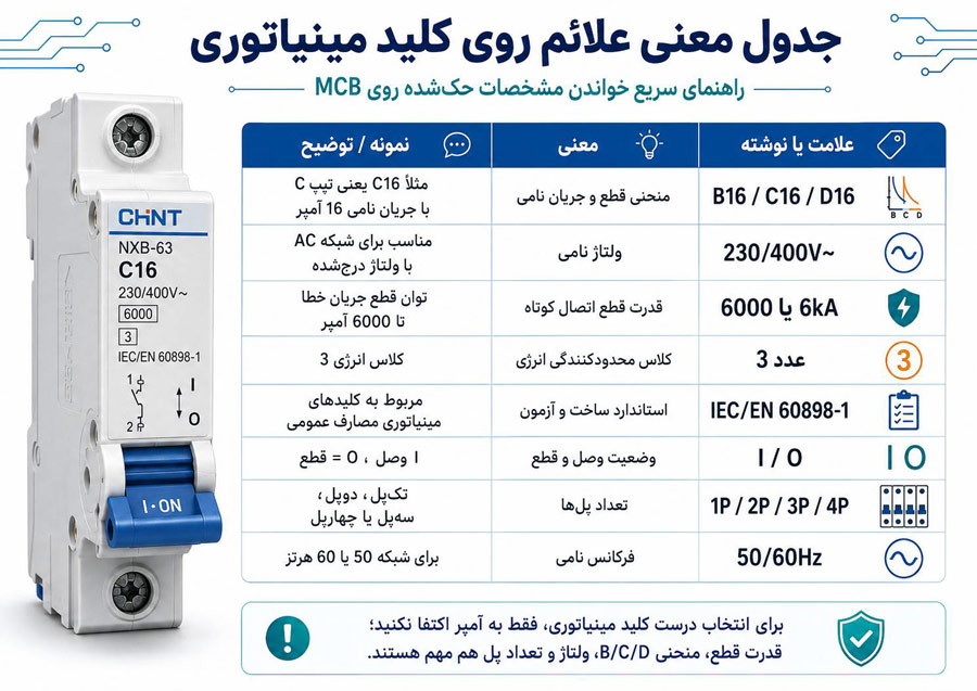 معنی علائم روی کلید مینیاتوری